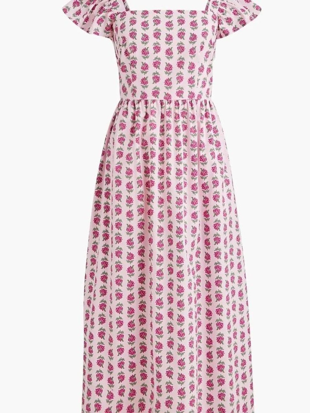 J Crew Pink Floral Midi Dress with Ruffle Sleeves